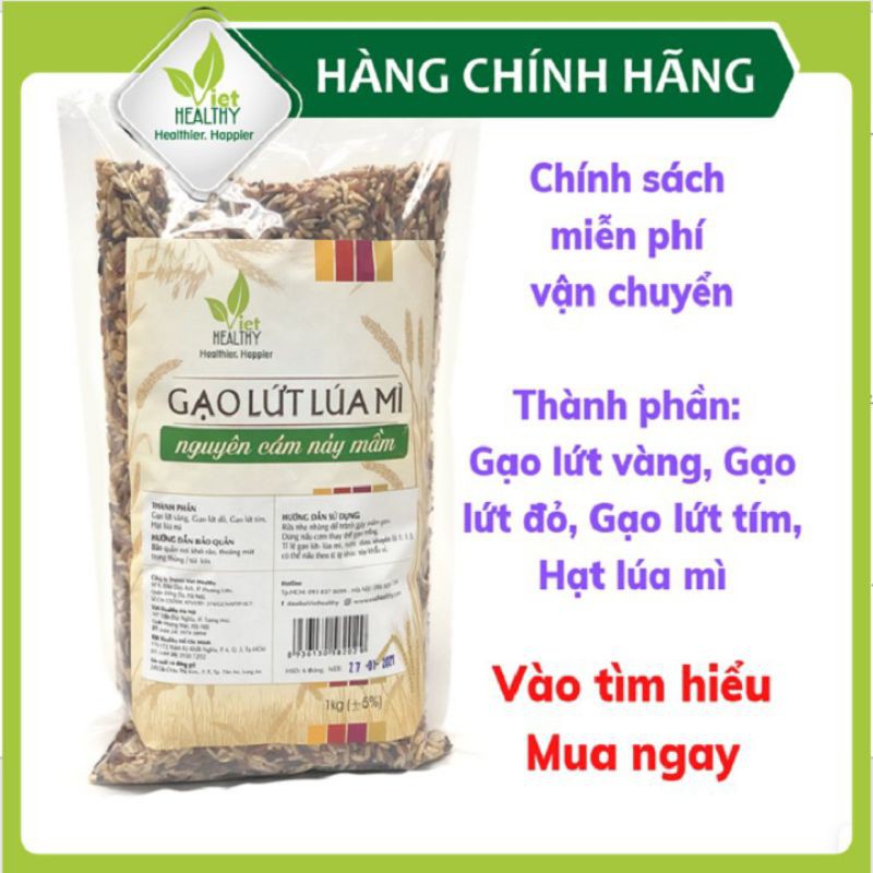 Gạo lứt lúa mì nguyên cám nảy mầm Viet Healthy 1kg, thành phần gồm: gạo lứt vàng, gạo lứt đỏ, gạo lứt tím, hạt lúa mì