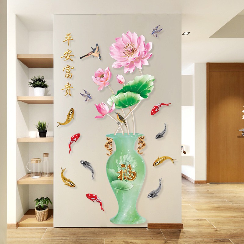 Tranh dán tường bình ngọc hoa sen, Decal bình hoa đẹp, Ảnh 3D trang trí phòng khách