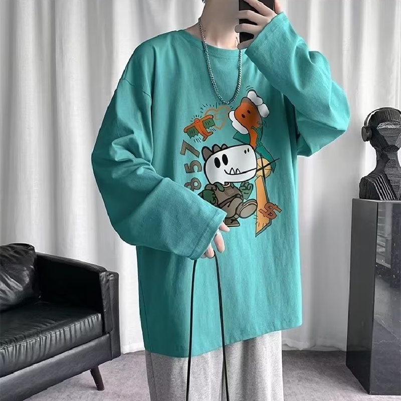 Áo Thun Tay Dài Dáng Rộng In Họa Tiết Hoạt Hình Phong Cách Hip Hop Hàn Quốc Thời Trang Cho Nam Và Nữ size M-5XL