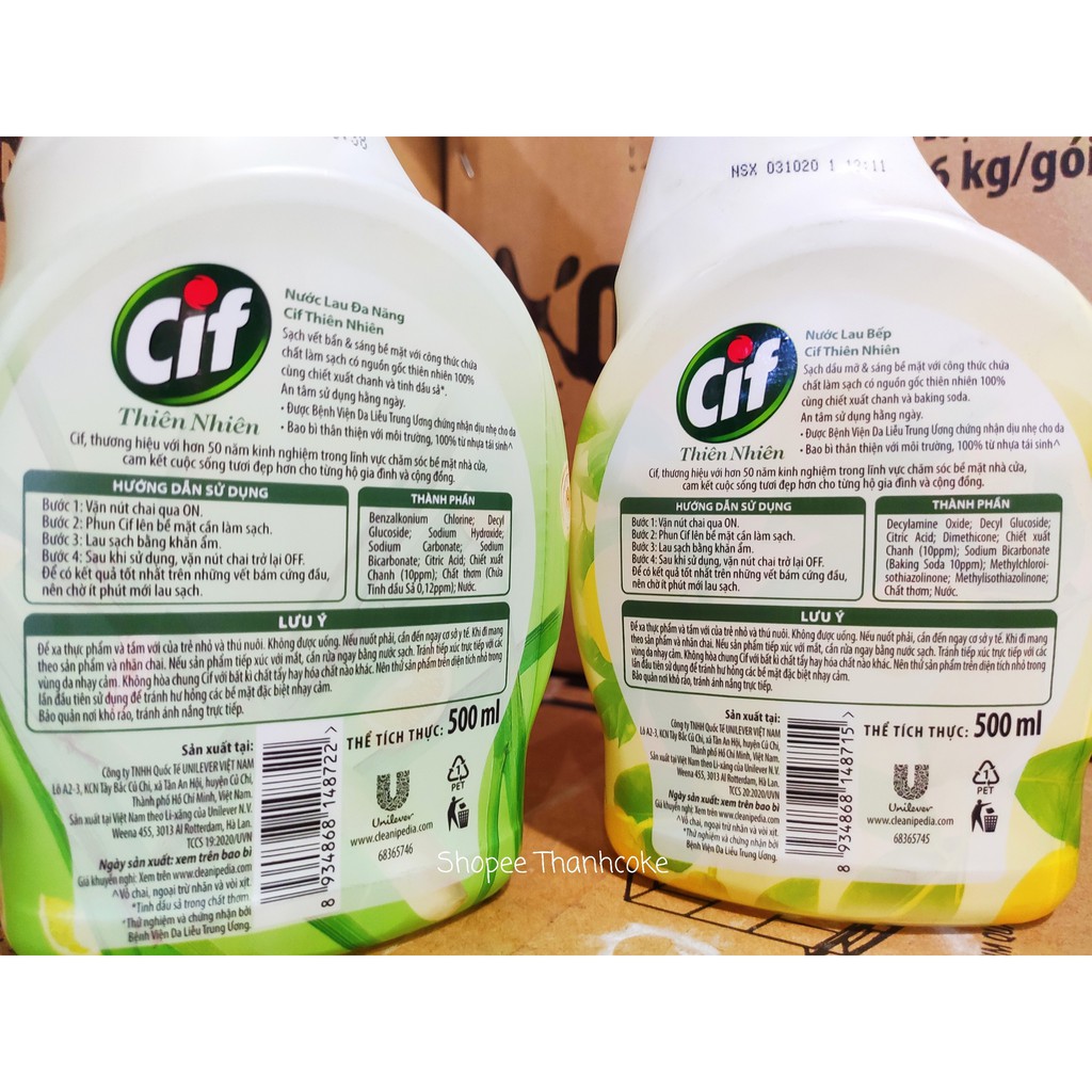 (Mới) CIF Nước Lau Đa Năng Chanh Sả 500ml và Nước Lau Bếp Chanh Baking Soda 500ml Thiên Nhiên Chai nhựa 500 ml