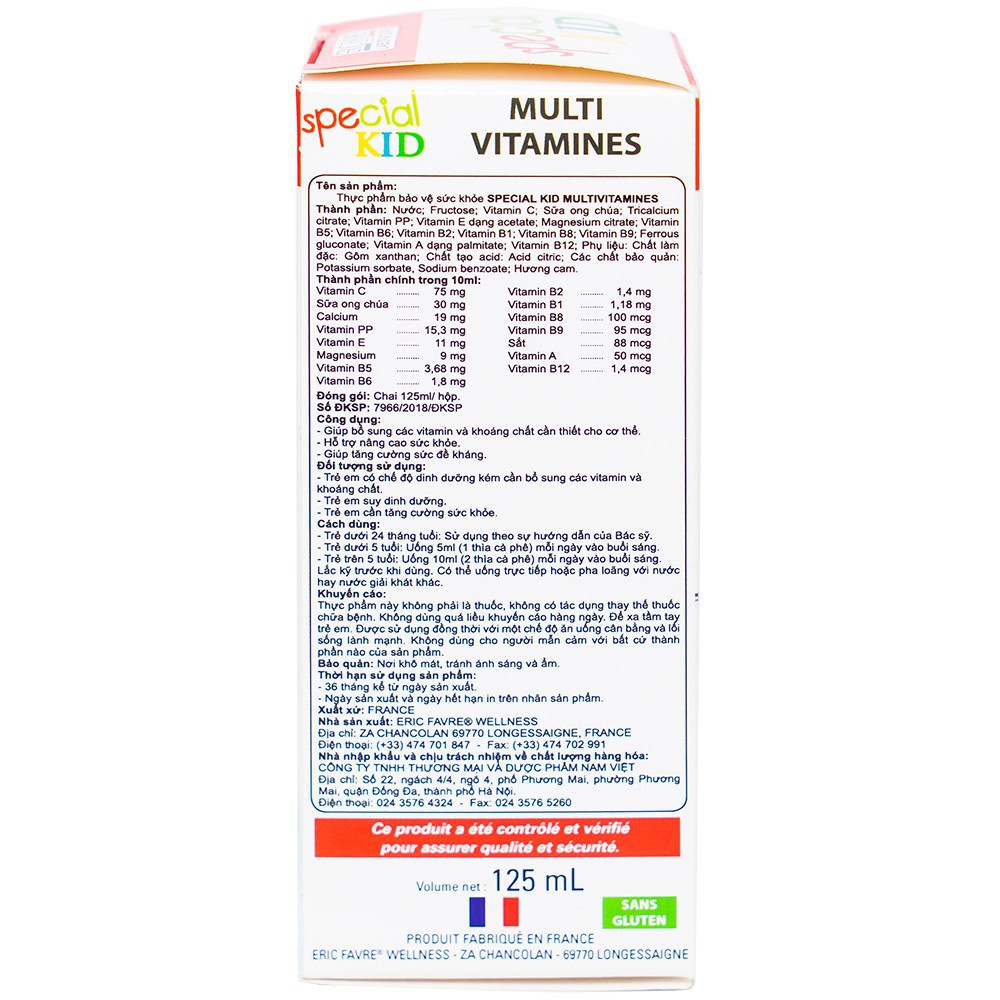 Siro Bổ sung vitamin và khoáng chất, tăng cường sức đề kháng cho trẻ Special Kid Multivitamines - Nhập khẩu Pháp (125ml)