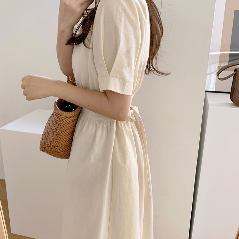 Đầm maxi ngắn tay cổ chữ V màu trơn thời trang 34034