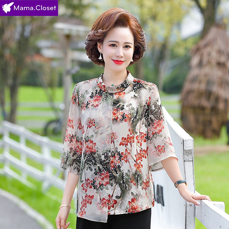 #Y610 MẪU MỚI, HÀNG QUẢNG CHÂU CAO CẤP. ÁO VOAN CHO MẸ, HỌA TIẾT CỔ TRÒN SANG TRỌNG CHO NGƯỜI TRUNG NIÊN &lt;3