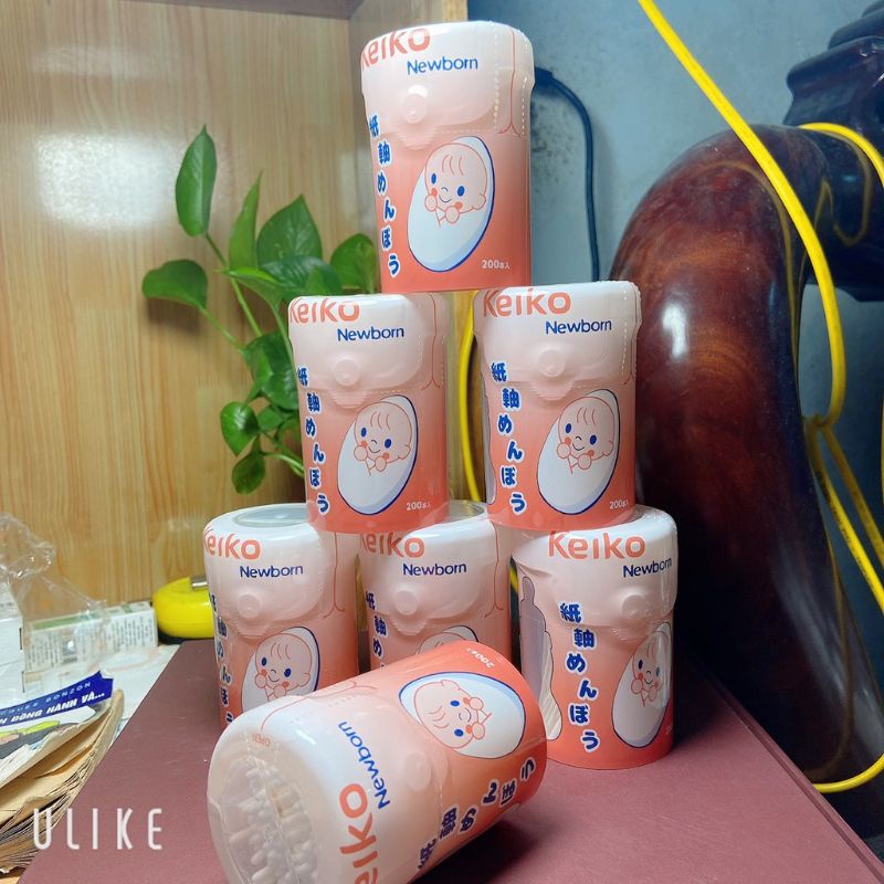 Tăm Bông Sơ Sinh Keiko Newborn, Tăm Bông Kháng Khuẩn Đầu Tăm Siêu Nhỏ, Thân Giấy An Toàn Cho Bé (Hộp 200 Que)