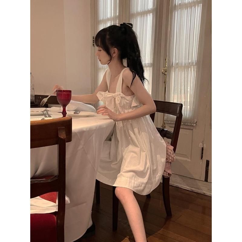 [Summer stock] thin white sling dress bow skirt princess dress A-line skirt