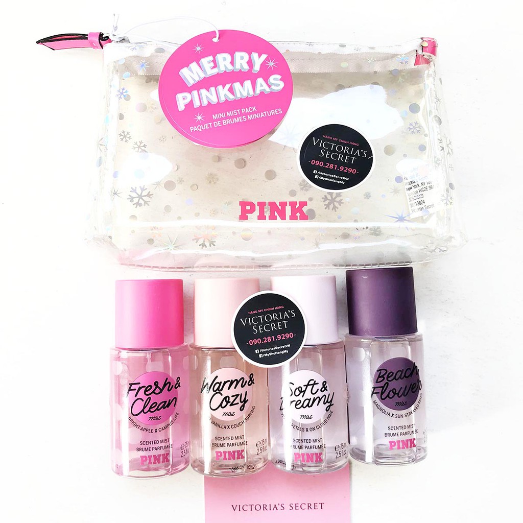 Bộ xịt toàn thân Mini Pink gồm 4 mùi Fresh & Clean, Warm & Cozy, Beach Flower, All a Dream + túi mỹ phẩm | BigBuy360 - bigbuy360.vn