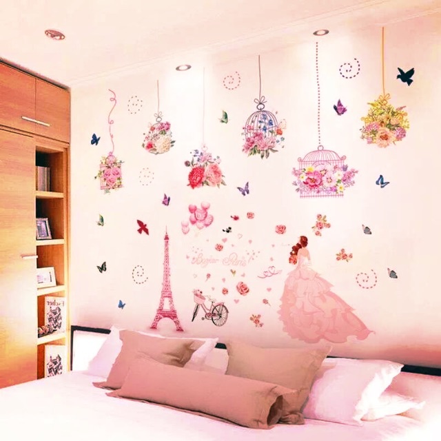 Decal dán tường cô dâu lồng hoa trang trí [Free_ship] / Tranh dán tường trang trí phòng ngủ cô dâu lồng hoa