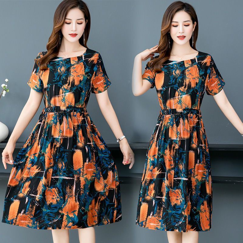 Middle aged fashionVáy cotton mùa hè cho người trung niên và già áo dài tay ngắn mẹ 40-60 tuổi Size Lớn mỏng 【1