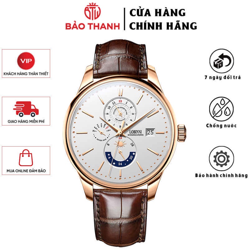 Đồng Hồ Nam LOBINNI No.815-1 Chính Hãng BH 24T Chịu Nước 50m Kính Chống Xước Dây Da Cao Cấp (Máy Cơ Tự Động)