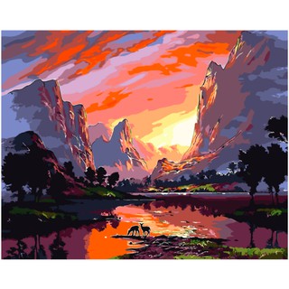 Tranh sơn dầu số hóa tự tô Hoàng hôn bên núi - Tặng kèm cọ , màu , khung , Paint by numbers DIY , NgoctuART