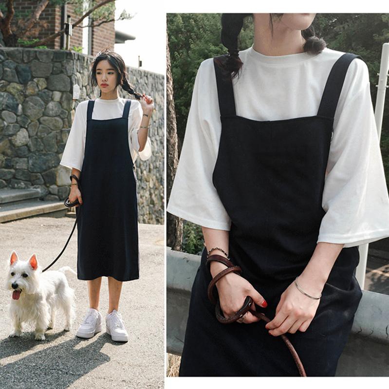 [Mã FAMAYWA2 giảm 10K đơn 50K] ( CÓ ẢNH THẬT ) set váy yếm đen áo thun trơn trắng