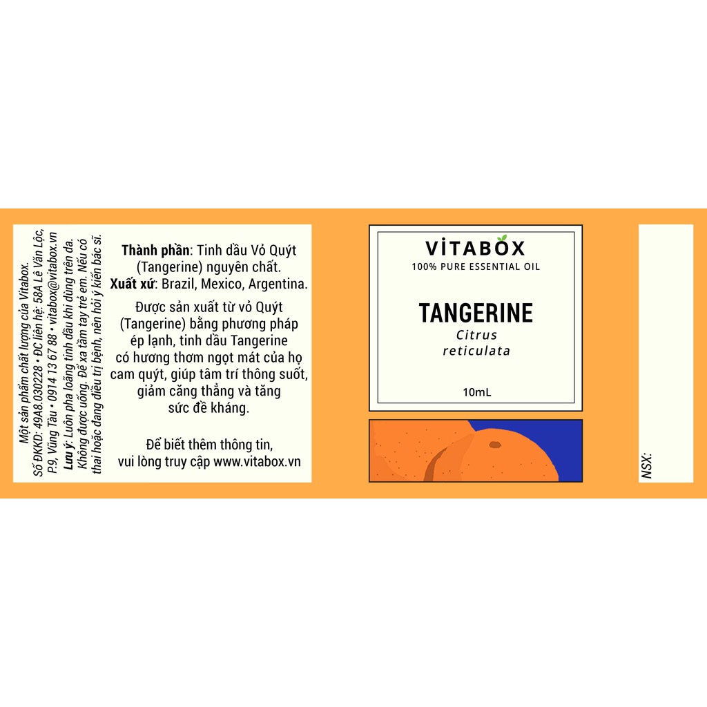 Tinh Dầu Vỏ Quýt Tangerine - 100% Thiên Nhiên Nguyên Chất - Vitabox Natural Essential Oil