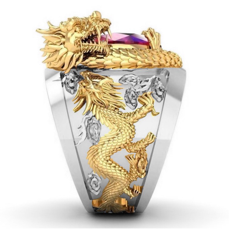 Nhẫn Thép Titan Mạ Vàng 24K Hình Rồng Đính Đá Ruby Sang Trọng