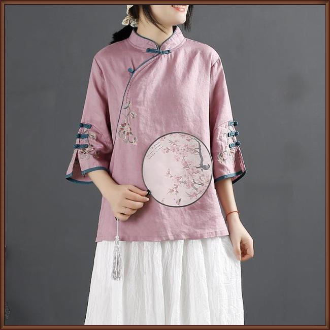 Áo Sơ Mi Cotton Lanh Cổ Đứng Dáng Rộng Thêu Họa Tiết Kiểu Trung Hoa Retro Cho Nữ