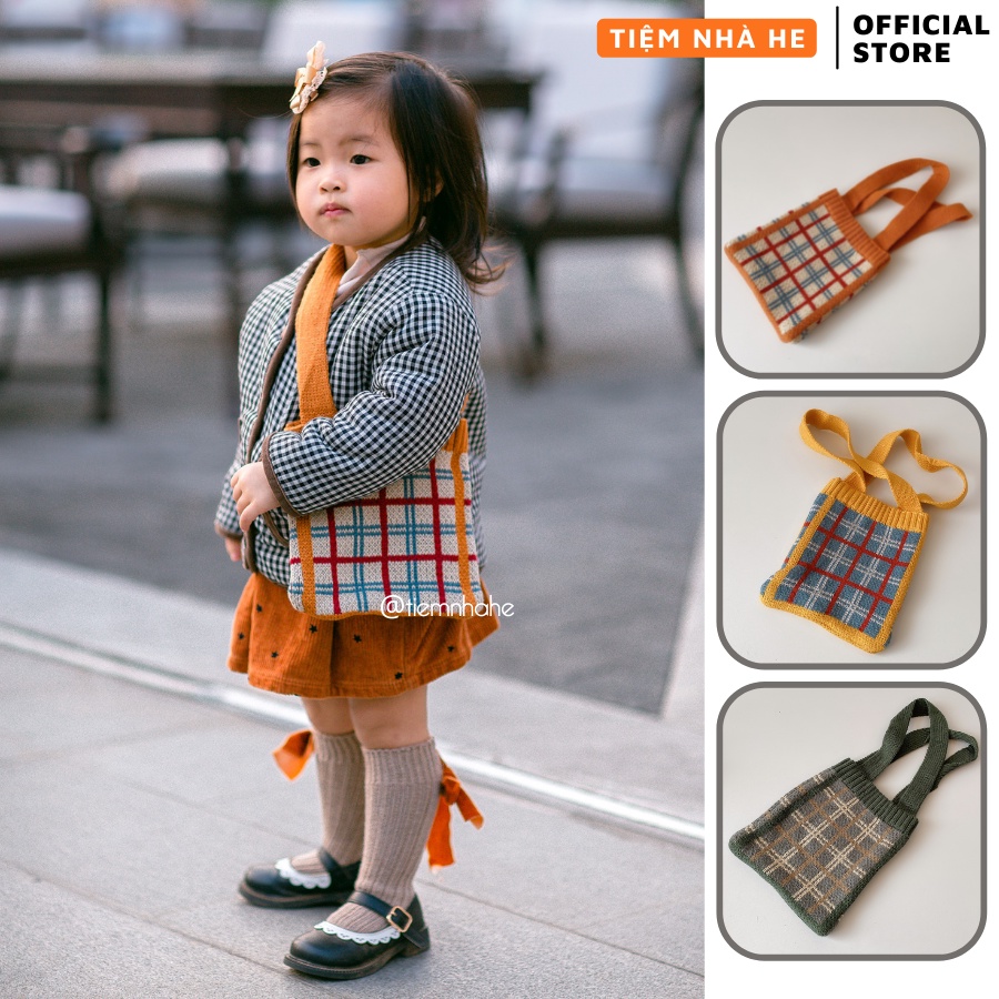 Túi Đeo Chéo Thời Trang Cho Bé Tiệm Nhà He Phong Cách Ulzzang Hàn Quốc Họa Tiết Caro Len Dễ Thương