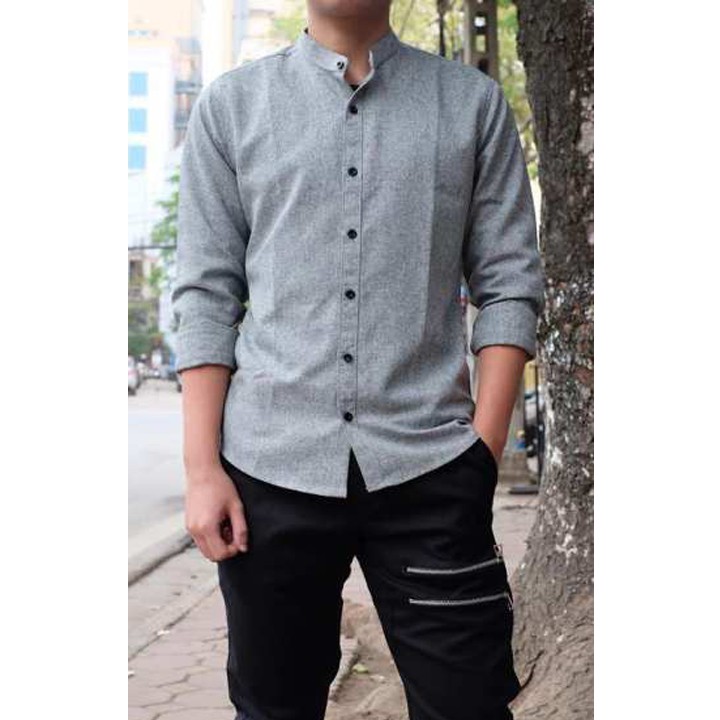 Áo Sơ Mi Xám Hạt Tiêu Cổ Tàu Dành Cho Nam | BigBuy360 - bigbuy360.vn