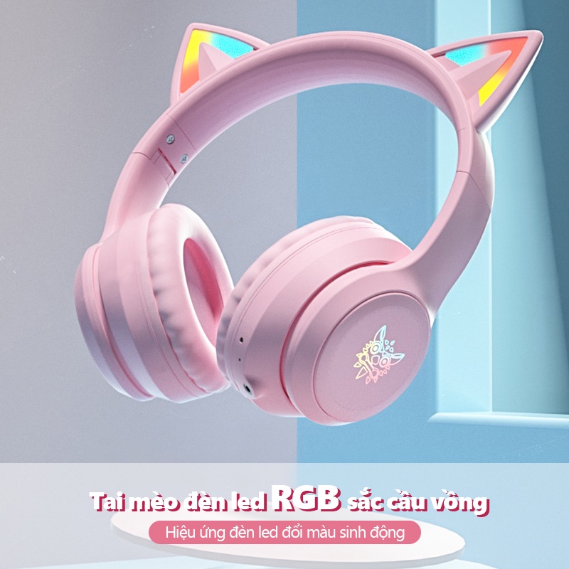 Tai nghe Bluetooth Chụp tai Chơi game Tay Mèo Headphones Gaming Không dây ONIKUMA B90 Hồng Có mic, RGB, Cho PC, Laptop