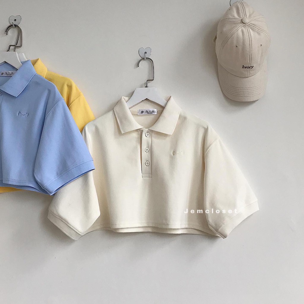 Áo Croptop Nữ Cổ Bẻ Áo Croptop Polo Tay Ngắn Form Rộng Basic Chất Liệu Cotton PYNY 5 Màu Xanh Vàng Kem Trắng Đen 10103