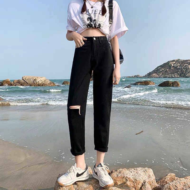 Quần baggy jeans đen rách sườn xẻ ô lưng cao ulzzang kèm ảnh thật