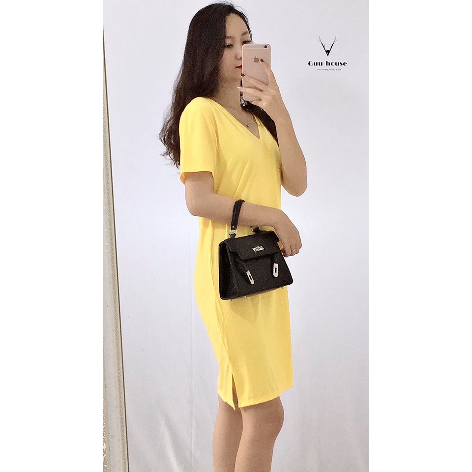 Đầm suông trơn form rộng chất cotton tàu cổ tim đan dây lưng xinh xắn | BigBuy360 - bigbuy360.vn