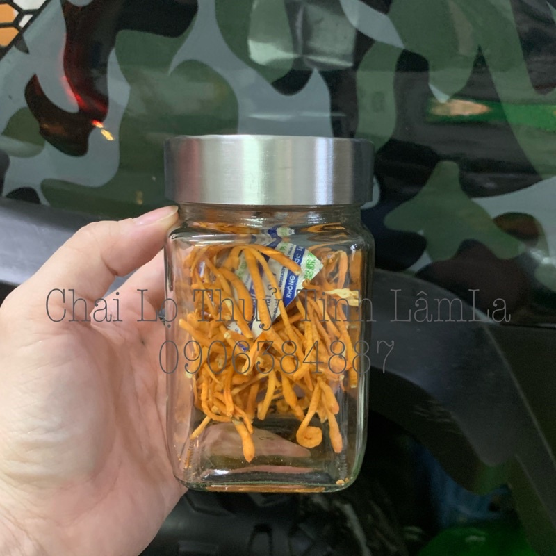 Hũ Thuỷ Tinh Vuông Nắp Inox Bạc Cao Cấp 250ML