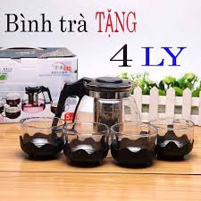 Bộ bình lọc trà thủy tinh lưới lọc inox 304 kèm 4 ly uống nước siêu sinh