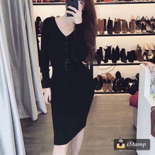 Đầm body len nút QC
