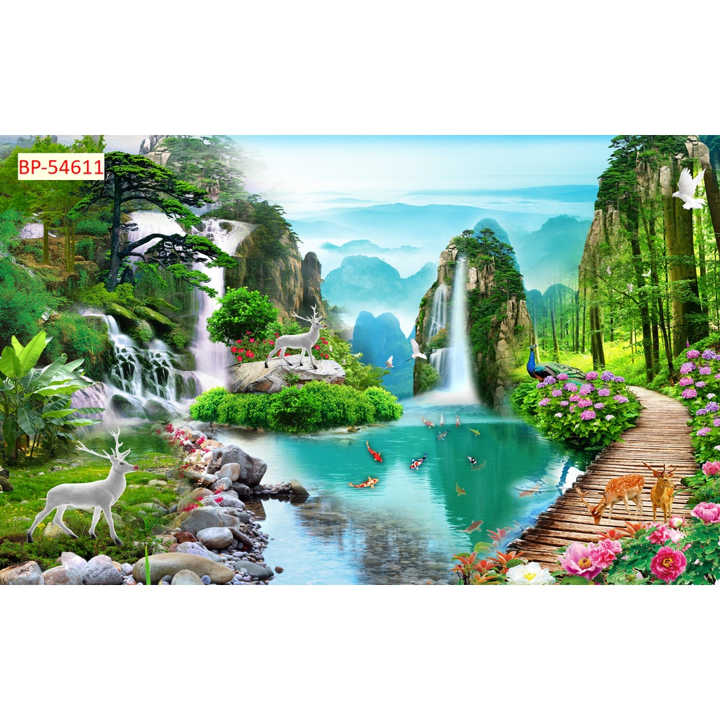 Tranh dán tường 3D phòng khách mẫu Sơn thuỷ hữu tình nhiều kích thước hình ảnh sắc nét
