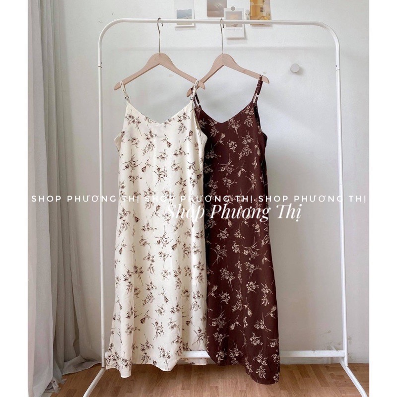 Váy 2 dây hoa cỏ vintage - Đầm hai dây dáng dài qua gối (hàng sẵn)