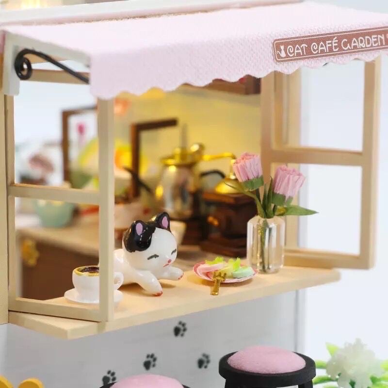 (Tặng mica,keo sữa,đèn)Mô hình gỗ bé lắp ráp đô chơi Diy house doll Nhà búp bê tự làm tiệm cafe mèo M2111