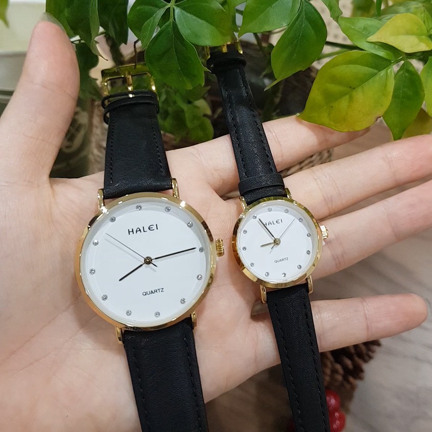 Đồng hồ cặp đôi nam nữ Halei dây da đen mặt ngọc chính hãng Tony Watch 68 | BigBuy360 - bigbuy360.vn