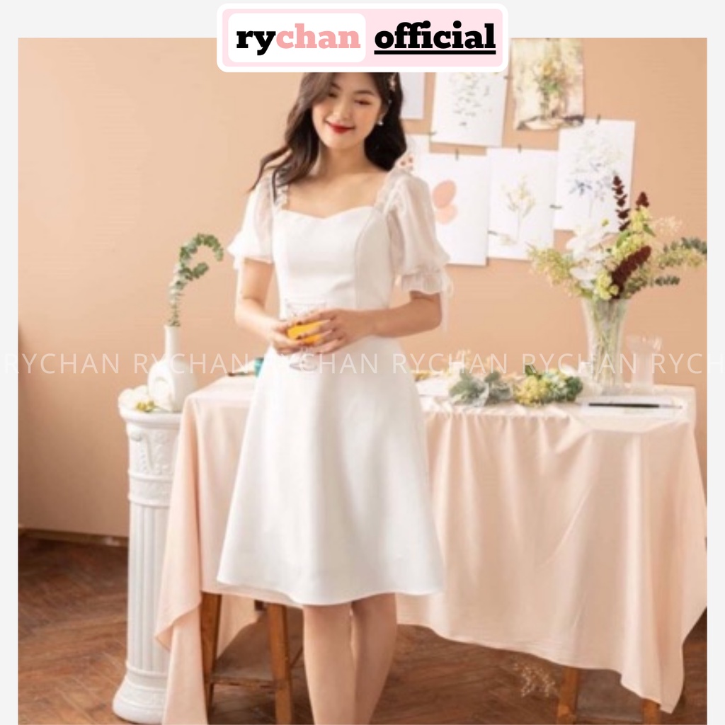 Đầm Dự Tiệc Sang Chảnh Form Ngắn Xòe Tay Phồng Nơ Cỏ Vuông Bo Eo Cực Hot Màu Trắng [ẢNH THẬT CUỐI] - DX9833