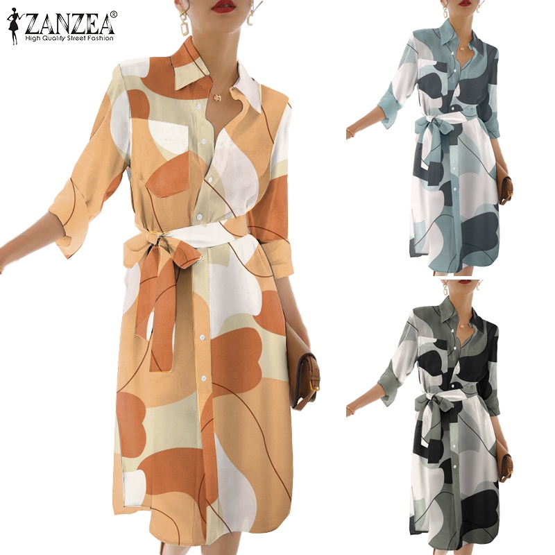 Đầm ZANZEA tay 3/ 4 in họa tiết hình học phong cách Hàn Quốc cho nữ