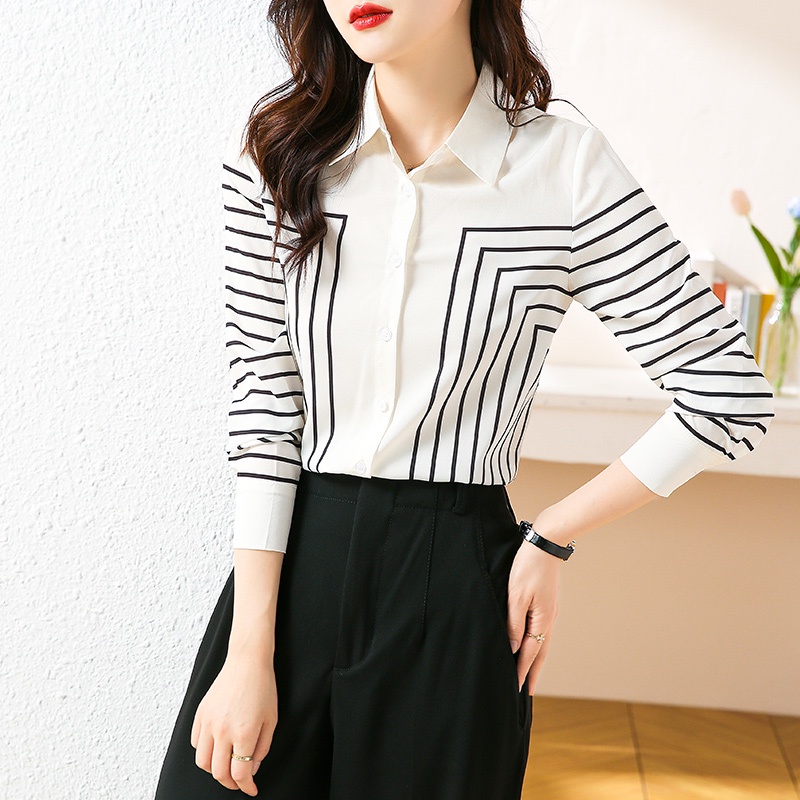 Áo Sơ Mi Tay Dài Dáng Rộng Vải Lụa Crepe Họa Tiết Kẻ Sọc Thời Trang Chuyên Nghiệp Cho Nữ