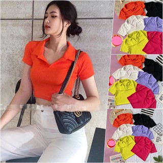 Áo thun gân croptop cổ bẻ tay ngắn