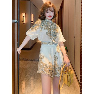 Set bộ lụa quần short phối nơ hoạ tiết sang trọng