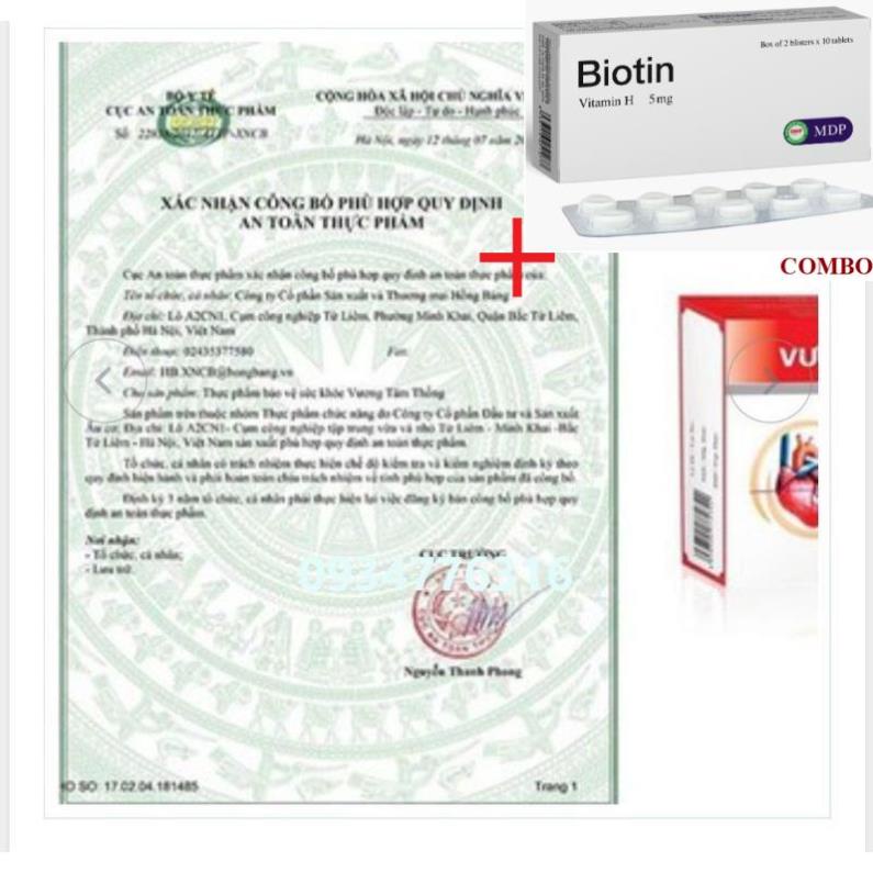 Combo Biotin 5mg+ Vương tâm thống hỗ trợ sức khoẻ tim mạch hộp 2 lọ 180 viên tặng hộp 30 viên