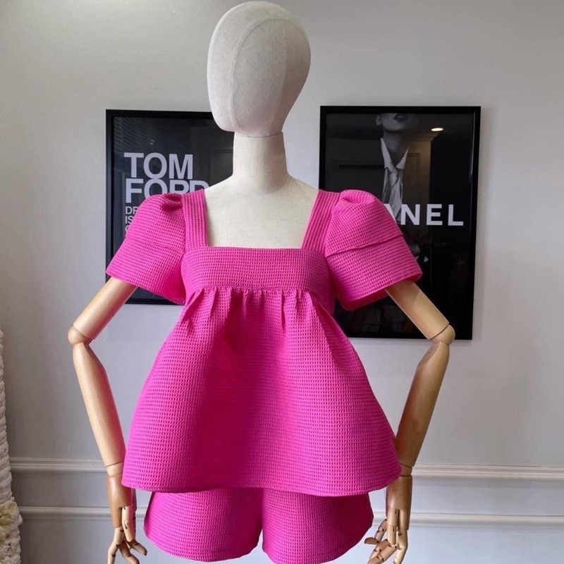 Bộ váy + quần Baby doll tay bồng vải sốp nhẹ thoáng mát váy đi chơi, váy đi du lịch, váy đi biển