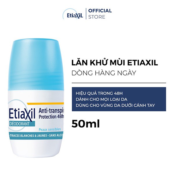 Lăn khử mùi hàng ngày Etiaxil Deodorant Anti-Transpirant 48h Peaux Sensibles giúp ngăn mùi hôi, làm khô thoáng 50ml