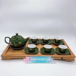 Bộ ấm trà men xanh vẽ vàng 24k Phúc-Lộc-Thọ