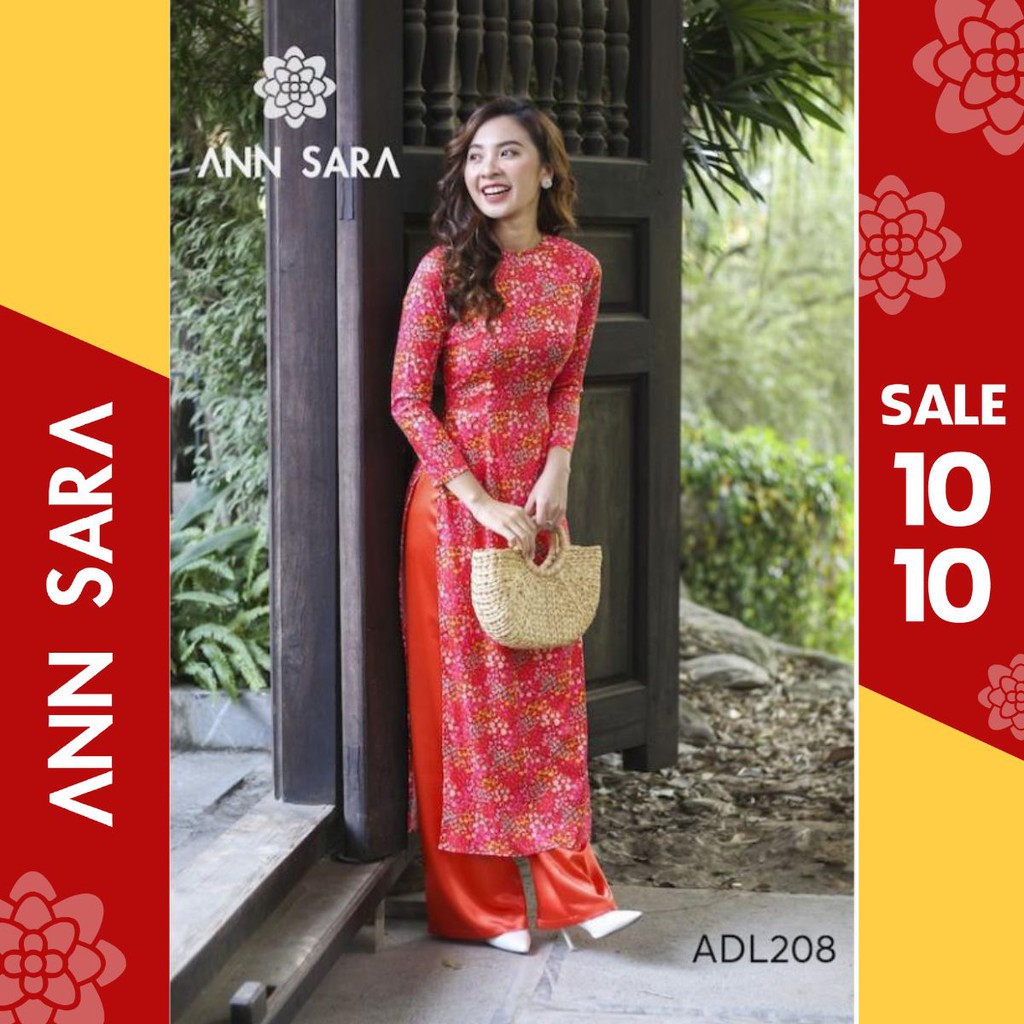 ADL208 - Áo dài lụa vân gỗ hoa nhí đỏ ANN SARA