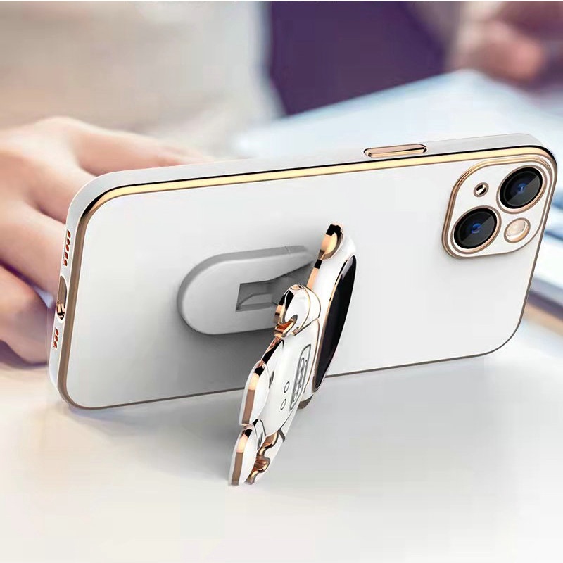 Casing For IPhone 13 6 6s 7 8 Se 2020 X Xs Xr Xs Max XsMax Mini Cute Cartoon Space Astronaut Stand Straight Edge Plating Soft Thin Phone Case MMT 07