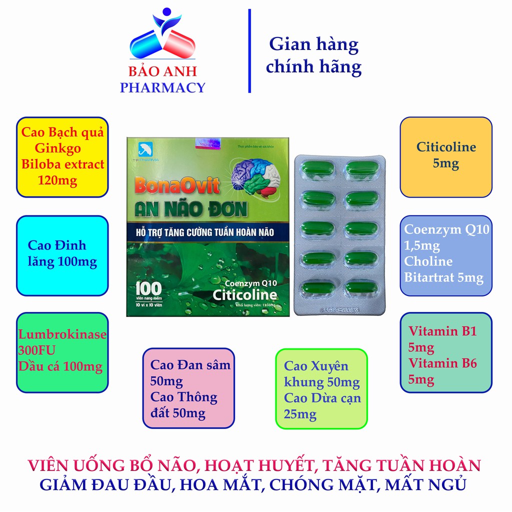 Viên bổ não chứa ginkgo, đinh lăng, dầu cá giúp hoạt huyết, tăng tuần hoàn não, giảm đau đầu, mất ngủ AN NÃO ĐƠN Hộp100v