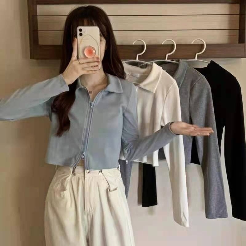 Áo khoác cardigan phối khoá kéo thời trang mùa thu phong cách Hàn Quốc