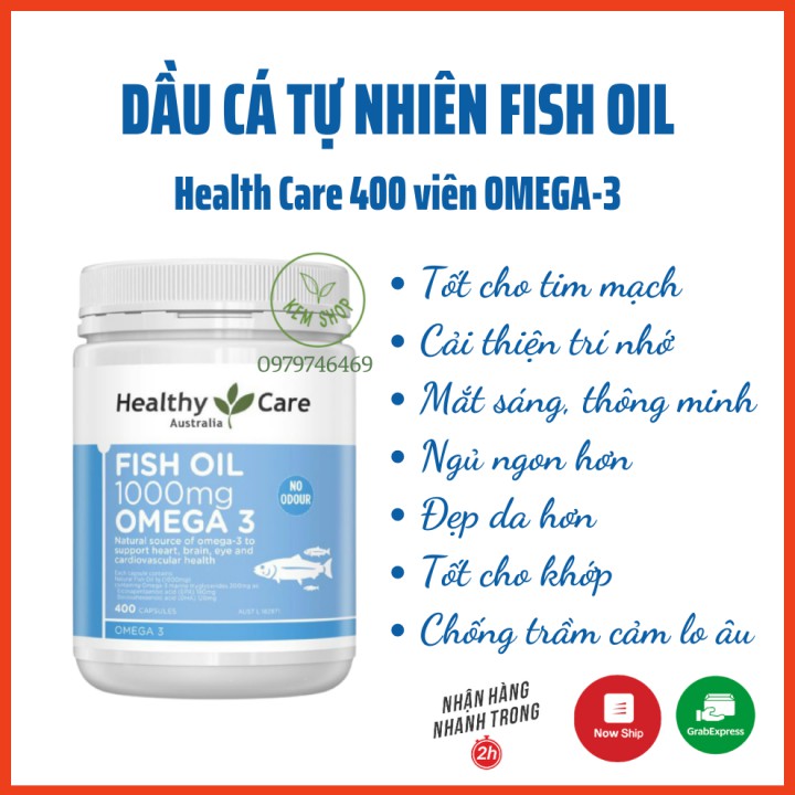 [Cam kết Chuẩn Úc] Dầu cá tự nhiên Fish Oil 1000mg Omega 3 Healthy Care, 400 viên - Mẫu mới