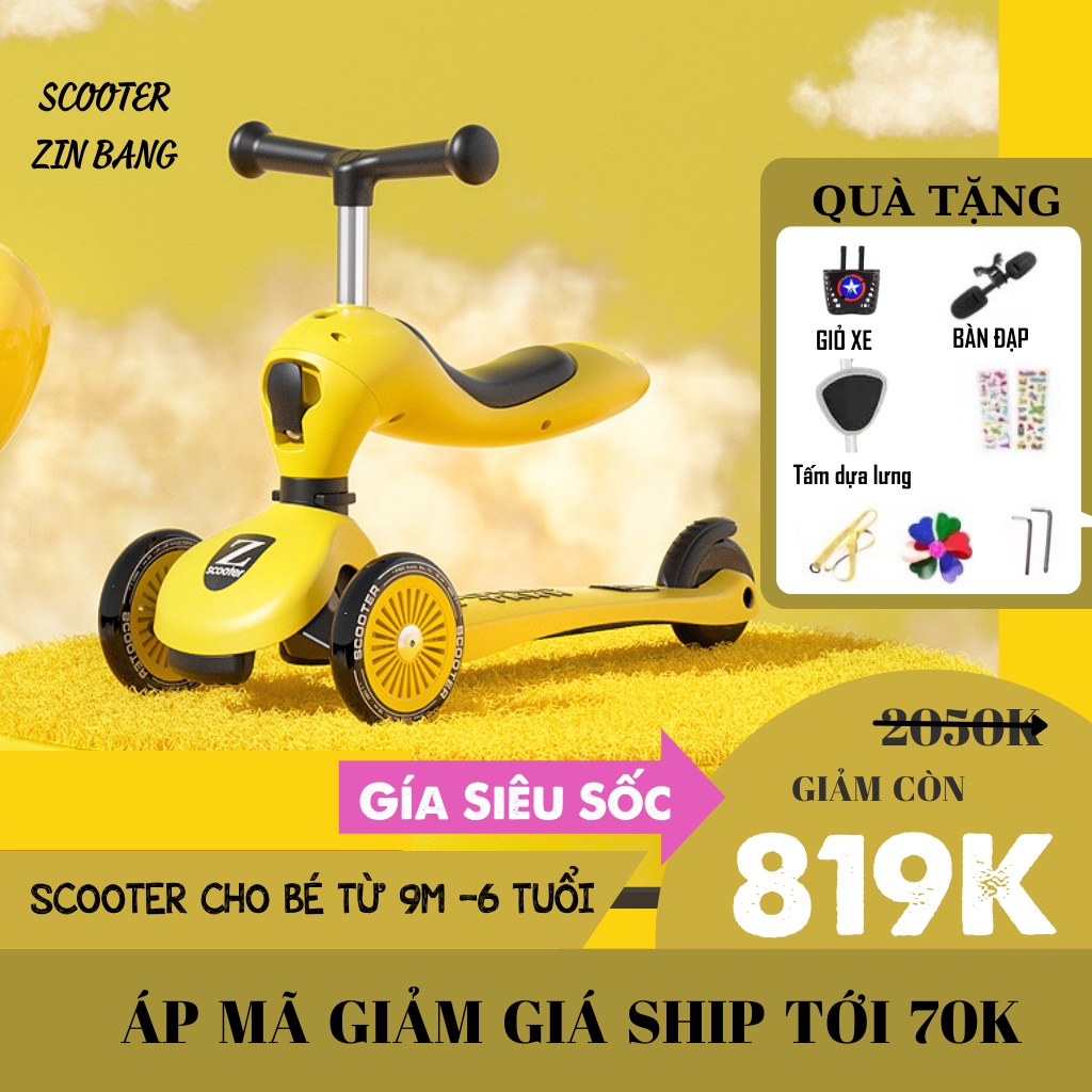 Xe Scooter cho bé ZinBang 3in1 có tay đẩy, vòng bảo vệ, trượt chòi chân tập đi từ 1-5 tuổi, scoot and ride, đèn bánh xe
