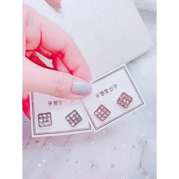 bông tai hình vuông đính đá, khuyên tai đơn giản phong cách hàn quốc
