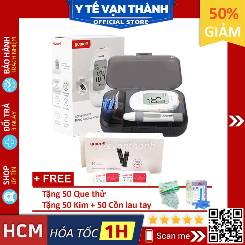 ✅ [TRỌN BỘ] Máy Đo Đường Huyết- Yuwell 582 [+ 50 QUE, 50 KIM, CỒN] -VT0502 | Y Tế Vạn Thành