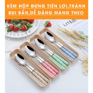 Bộ 3 Món Thìa, Đũa, Dĩa Lúa Mạch Cá Nhân Inox Không Gỉ, Ăn Trưa Văn Phòng - Có Hộp Đựng Tiện Lợi