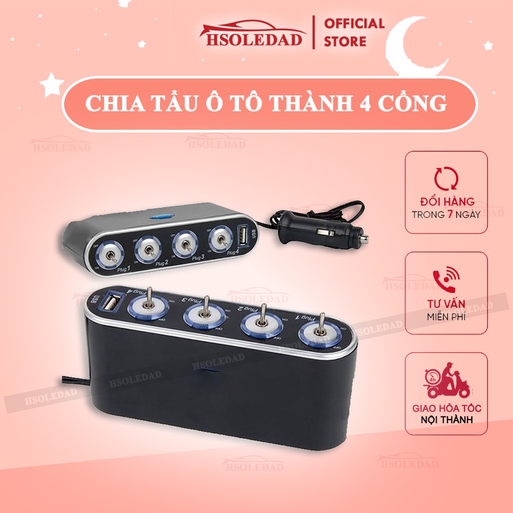 Bộ chia tẩu ô tô thành 4 cổng và 1 USB có cầu chì bảo vệ điện, đèn LED sang trọng